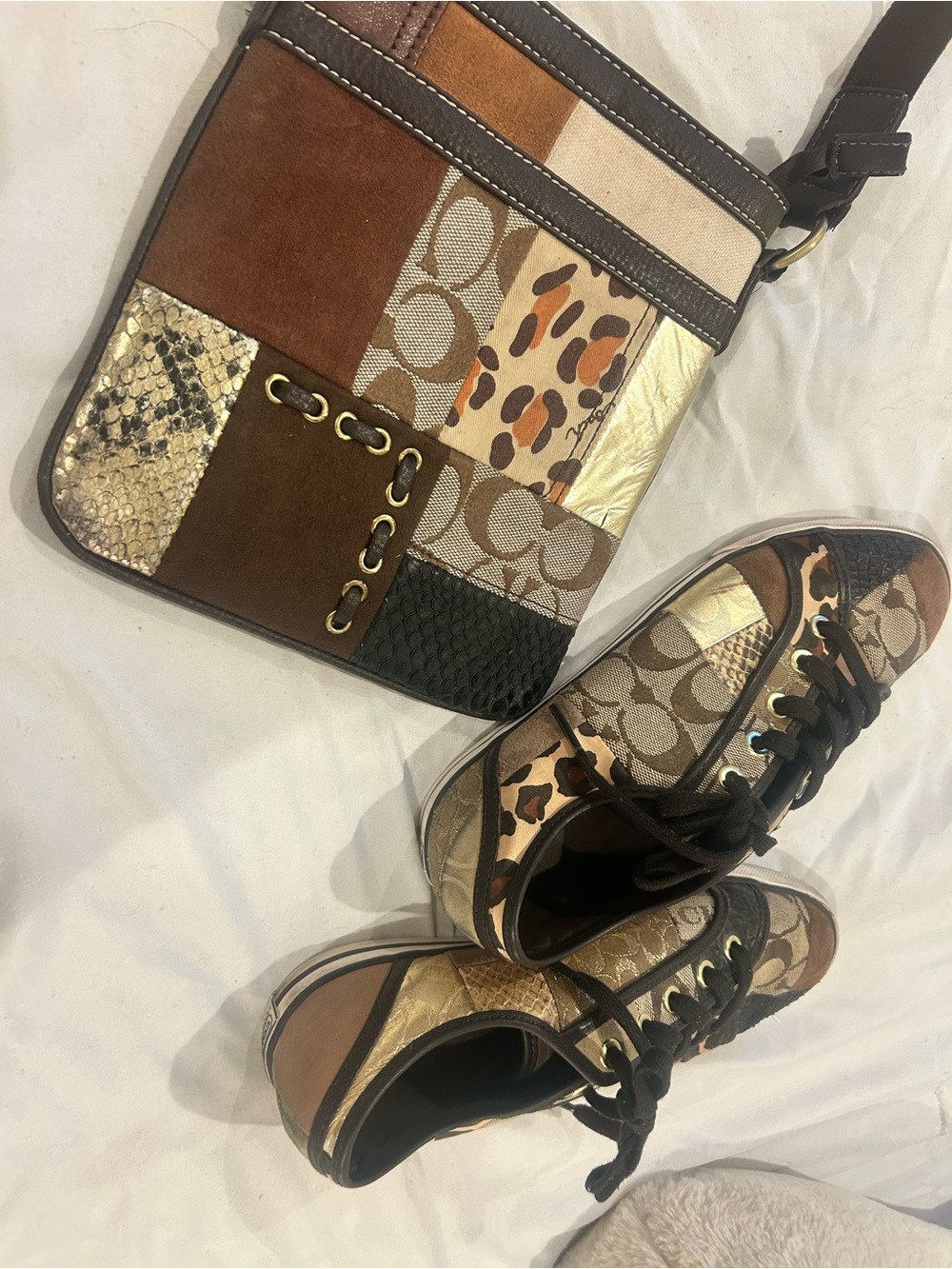Coach Patchwork Crossbody Bag in Brown, Gold and Tan